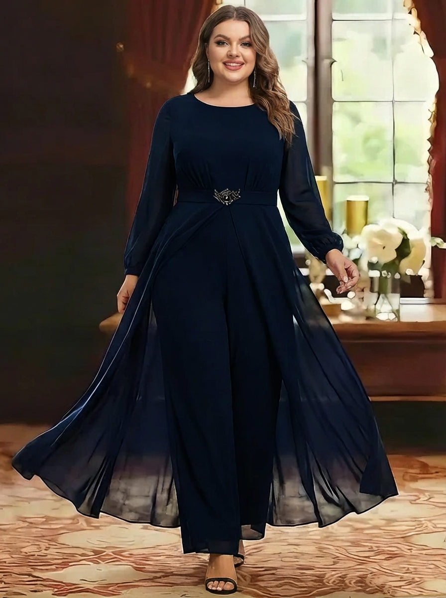 Jumpsuit Scoop Chiffon Plus Size Mother of the Bride Jumpsuit with Overskirt Ankle-Length Long Sleeves