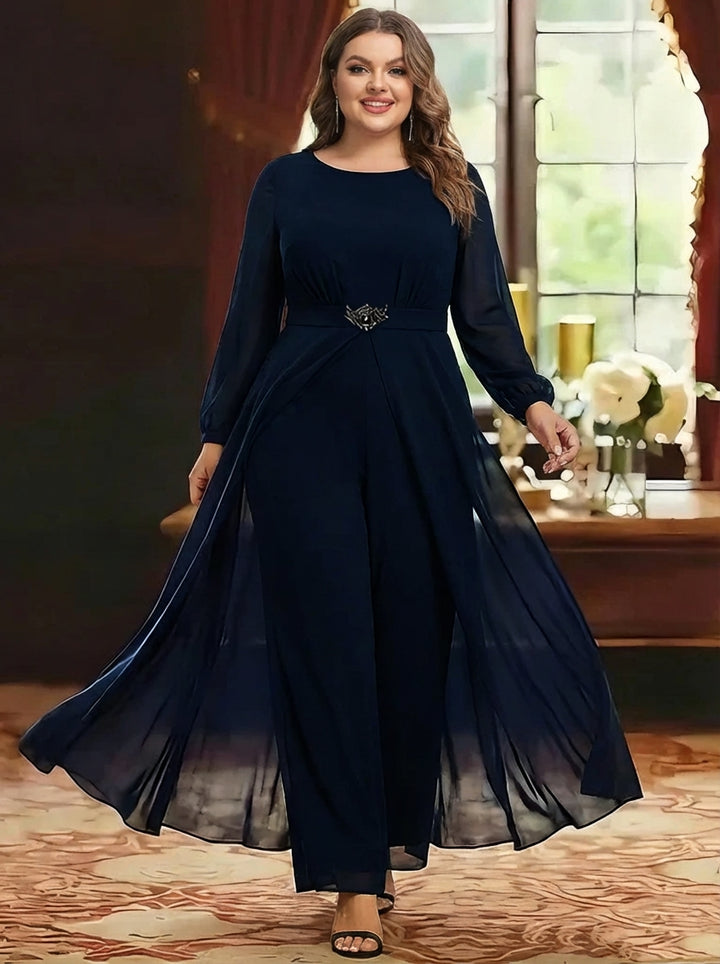 Jumpsuit Scoop Chiffon Plus Size Mother of the Bride Jumpsuit with Overskirt Ankle-Length Long Sleeves