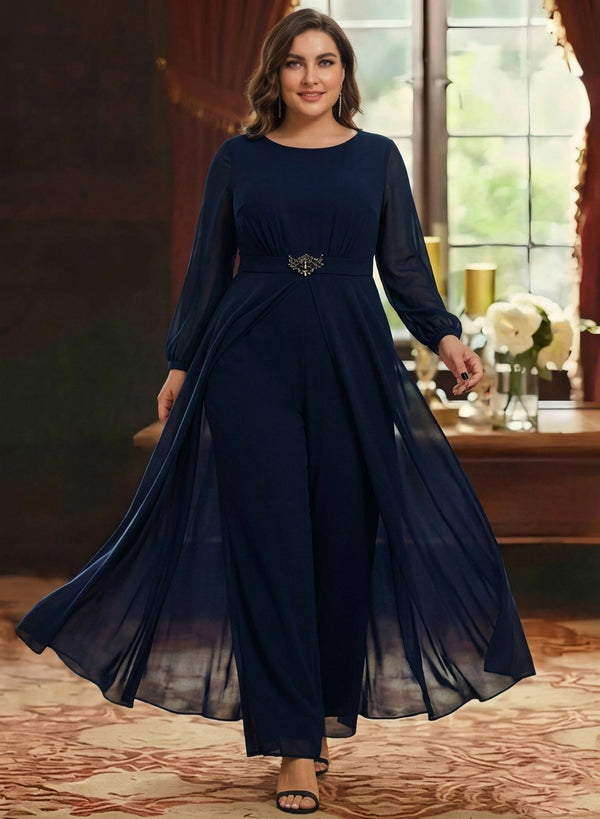 Jumpsuit Scoop Chiffon Plus Size Mother of the Bride Jumpsuit with Overskirt Ankle-Length Long Sleeves