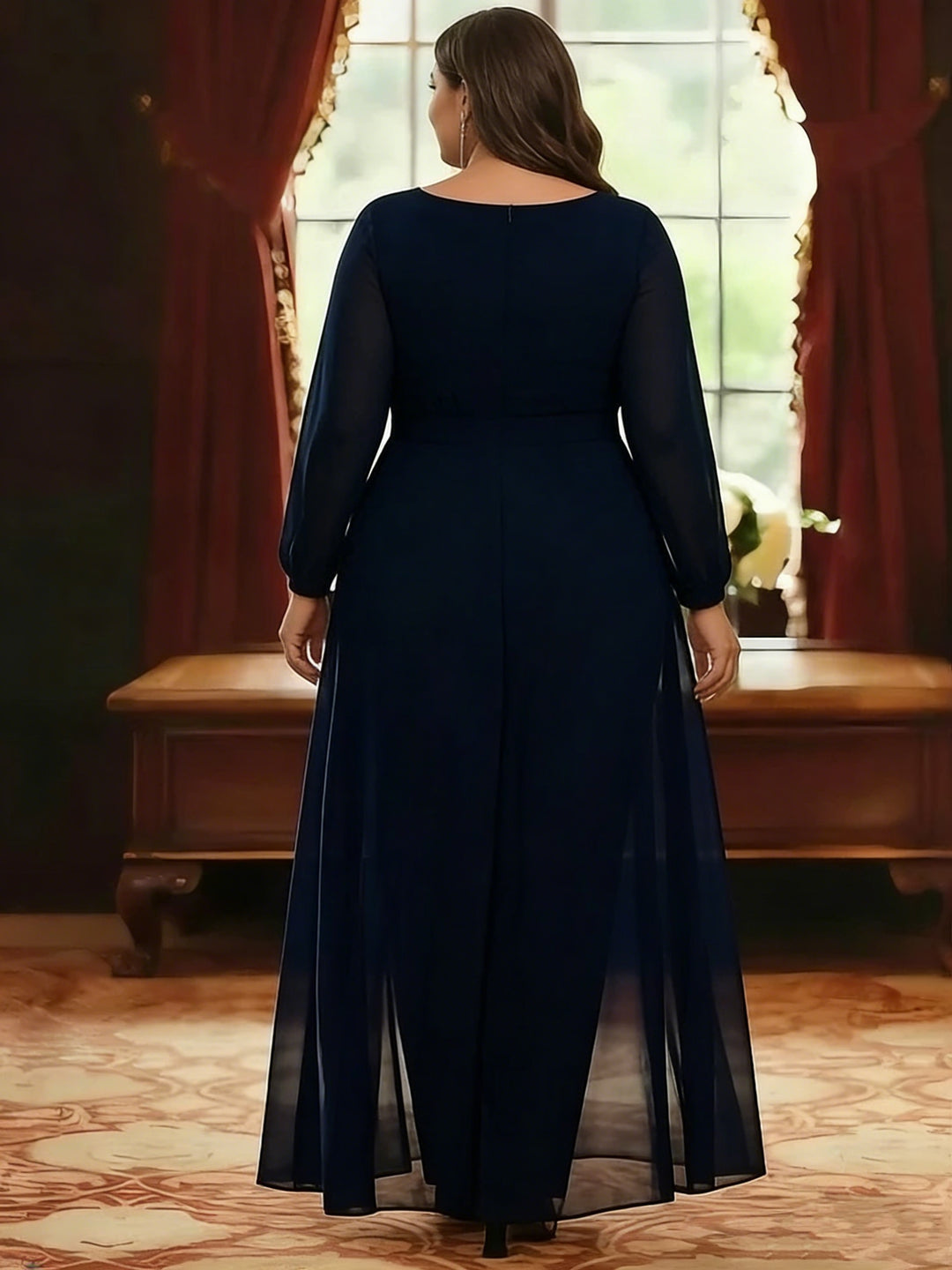 Jumpsuit Scoop Chiffon Plus Size Mother of the Bride Jumpsuit with Overskirt Ankle-Length Long Sleeves