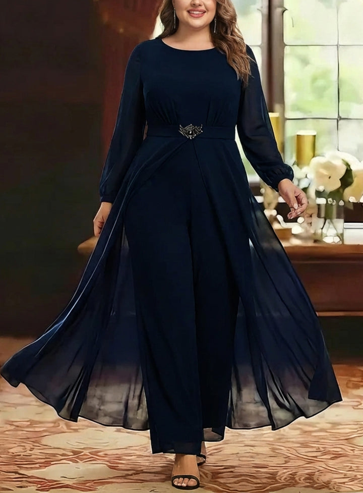 Jumpsuit Scoop Chiffon Plus Size Mother of the Bride Jumpsuit with Overskirt Ankle-Length Long Sleeves