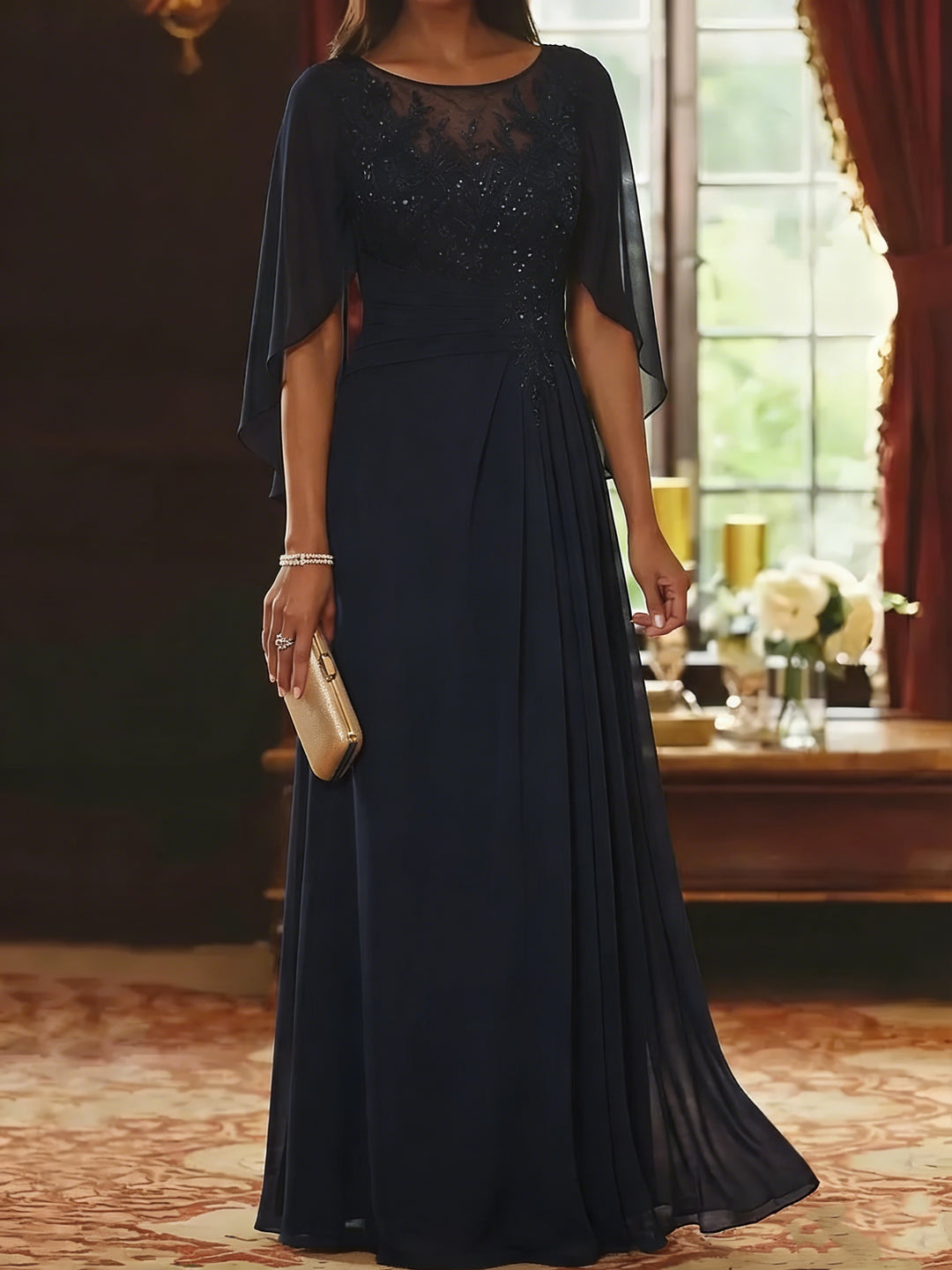 A-Line/Princess Scoop Chiffon Mother of the Bride Dresses Lace Half Sleeves Floor-Length