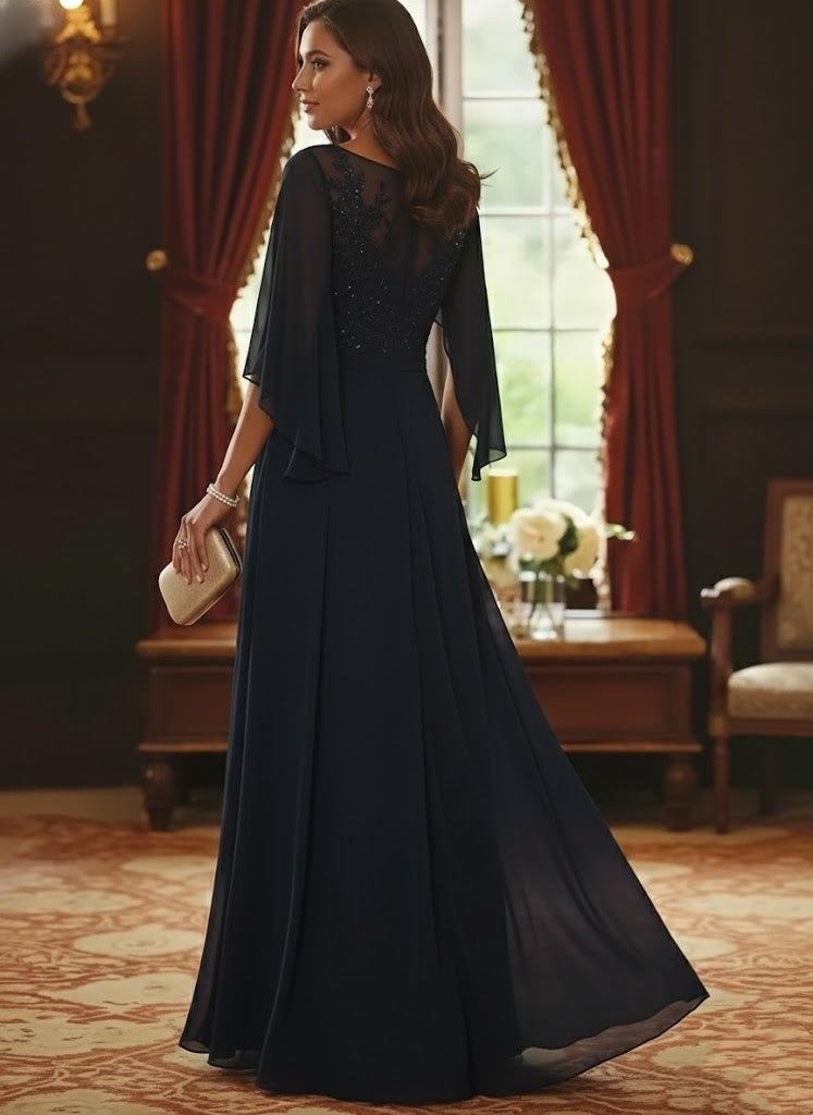 A-Line/Princess Scoop Chiffon Mother of the Bride Dresses Lace Half Sleeves Floor-Length