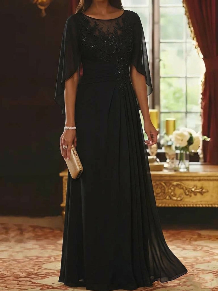 A-Line/Princess Scoop Chiffon Mother of the Bride Dresses Lace Half Sleeves Floor-Length