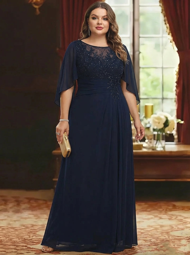 A-Line/Princess Scoop Chiffon Plus Size Mother of the Bride Dresses Lace Half Sleeves Floor-Length