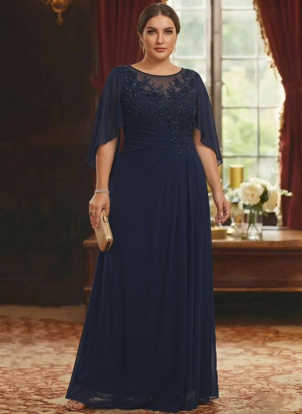 A-Line/Princess Scoop Chiffon Plus Size Mother of the Bride Dresses Lace Half Sleeves Floor-Length