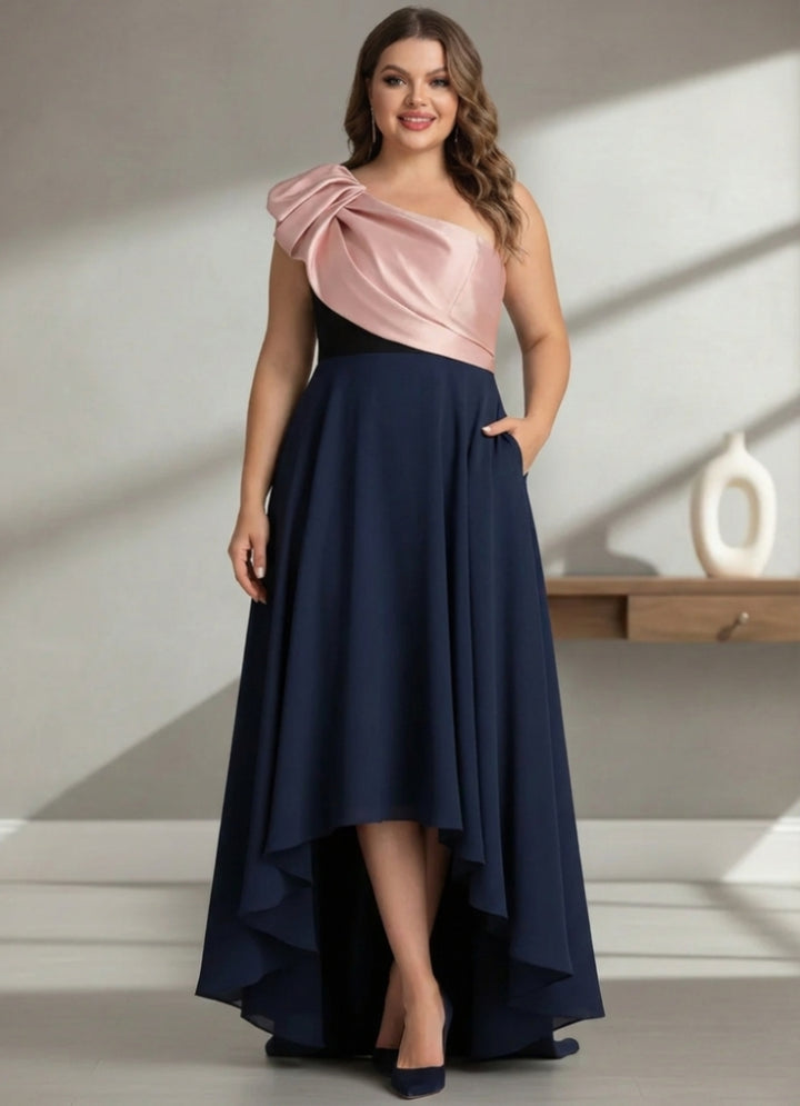 A-Line/Princess One-Shoulder Stretch Satin Plus Size Mother of the Bride Dresses Sleeveless Asymmetrical Floor-Length