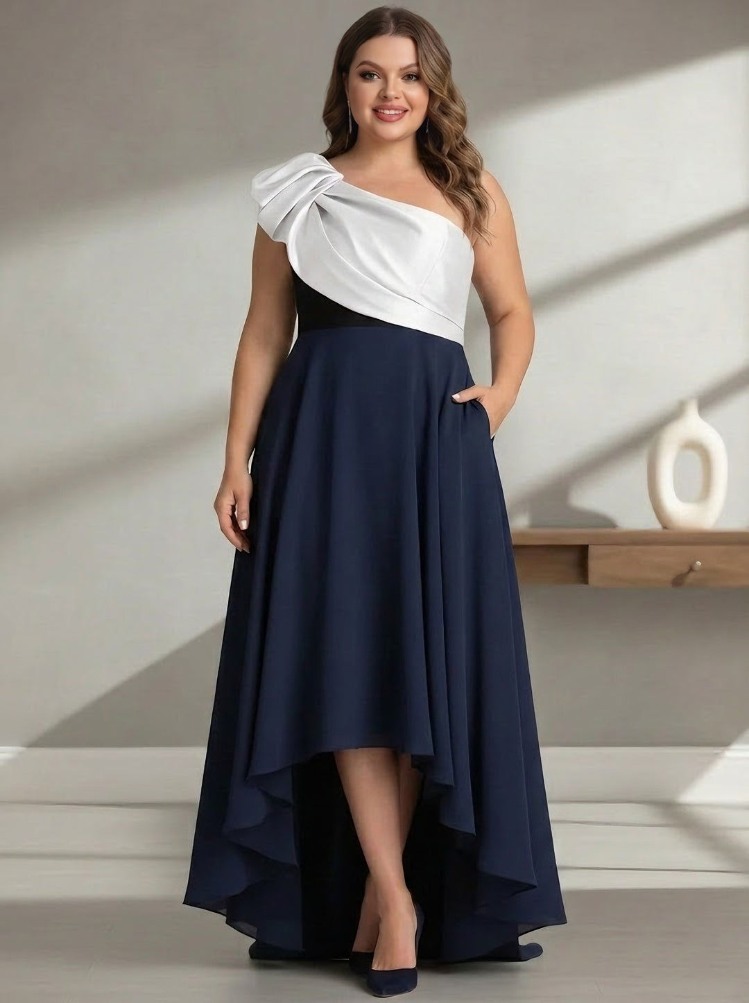 A-Line/Princess One-Shoulder Stretch Satin Plus Size Mother of the Bride Dresses Sleeveless Asymmetrical Floor-Length