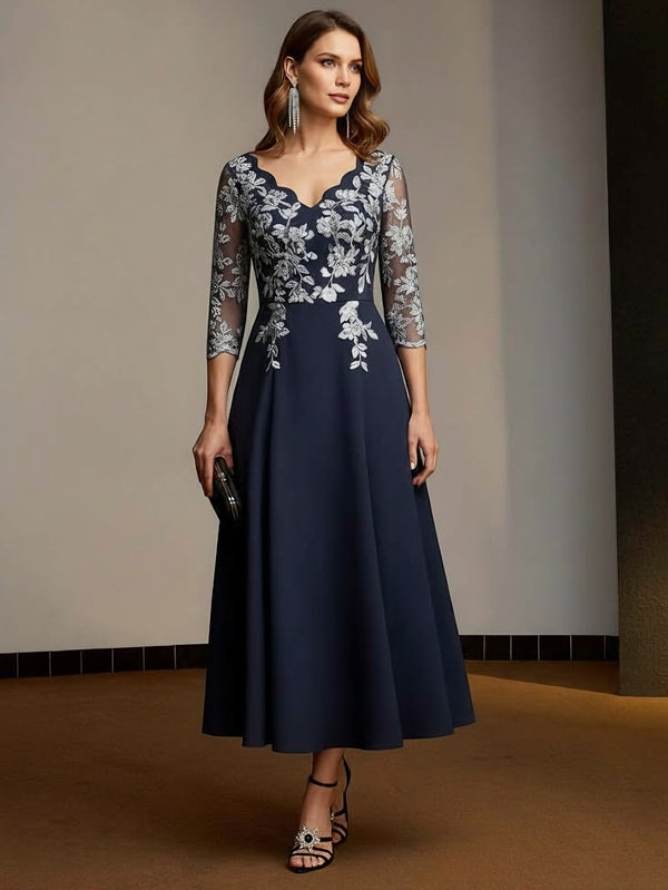 A-Line/Princess V-Neck Stretch Satin Mother of the Bride Dresses Lace Tea-Length Floral 3/4 Sleeves
