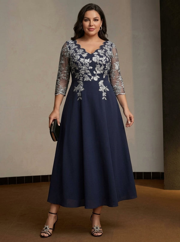 A-Line/Princess V-Neck Stretch Satin Plus Size Mother of the Bride Dresses Lace Tea-Length Floral 3/4 Sleeves