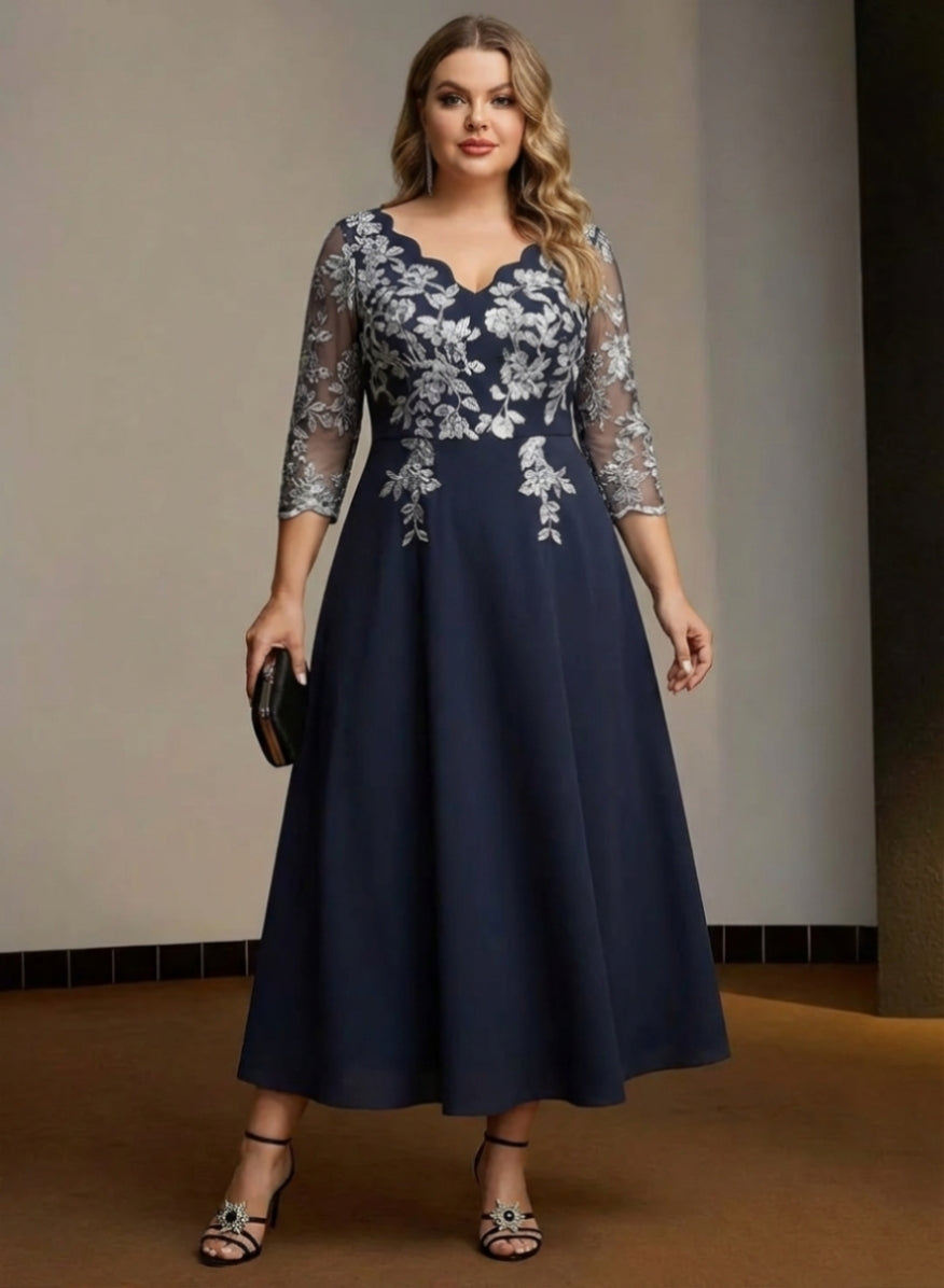 A-Line/Princess V-Neck Stretch Satin Plus Size Mother of the Bride Dresses Lace Tea-Length 3/4 Sleeves