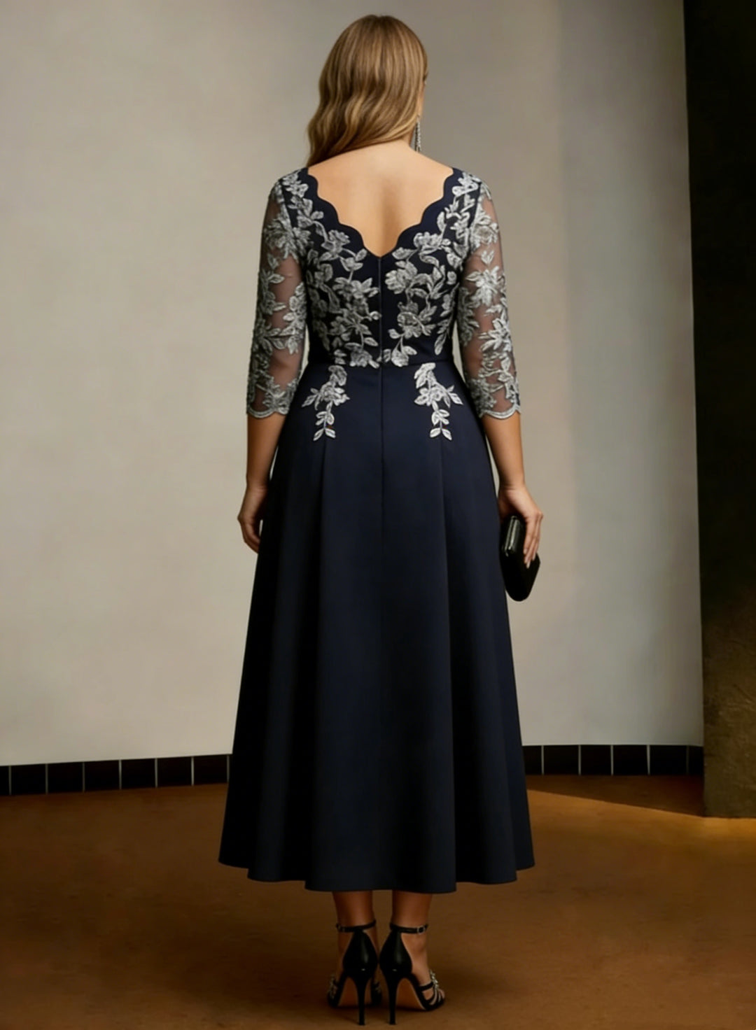 A-Line/Princess V-Neck Stretch Satin Plus Size Mother of the Bride Dresses Lace Tea-Length Floral 3/4 Sleeves