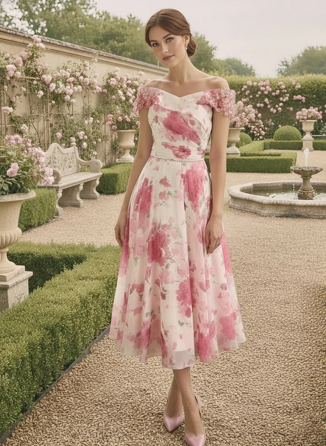 A-Line/Princess Off-the-Shoulder Chiffon Mother of the Bride Dresses Sleeveless Floral Tea-Length