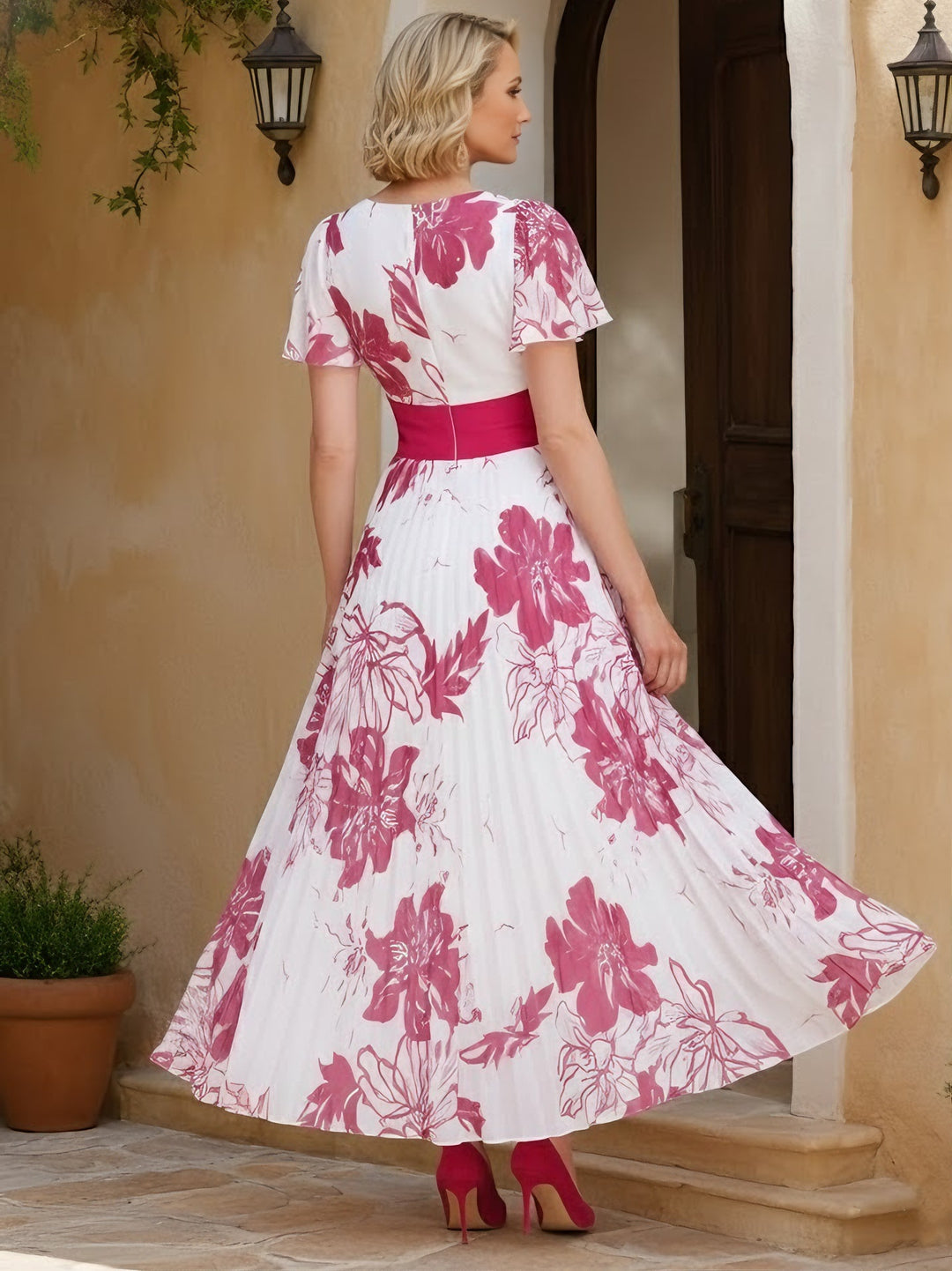 A-Line/Princess V-Neck Chiffon Mother of the Bride Dresses Short Sleeves Floral Ankle-Length