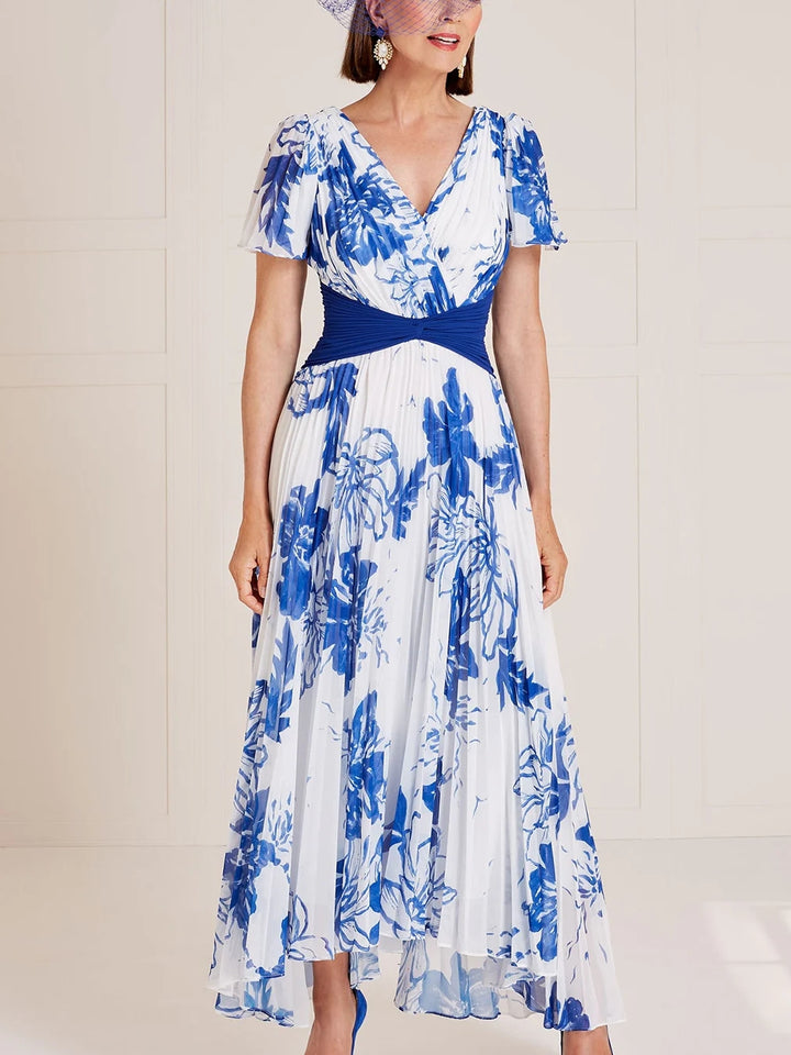 A-Line/Princess V-Neck Chiffon Mother of the Bride Dresses Short Sleeves Floral Ankle-Length