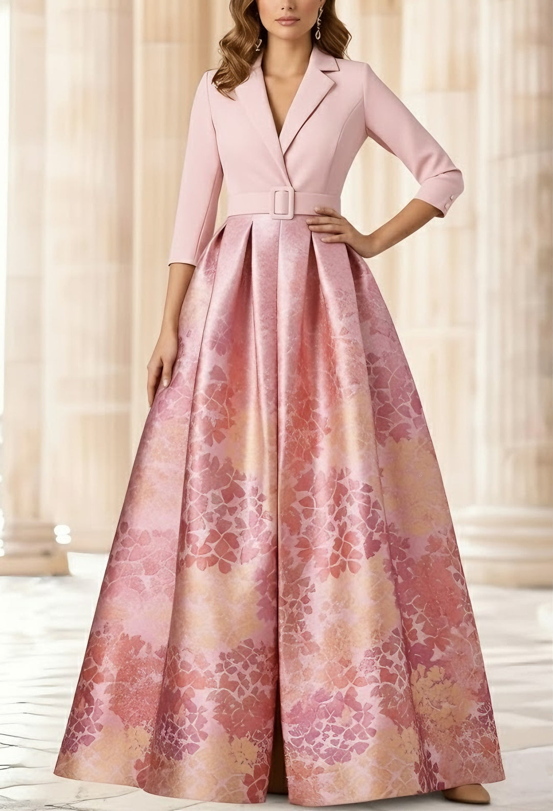 mother of the bride shirt dress A-Line/Princess Shirt Collar Stretch Satin Mother of the Bride Dresses 3/4 Sleeves Printed Satin Floral Floor-Length Champagne