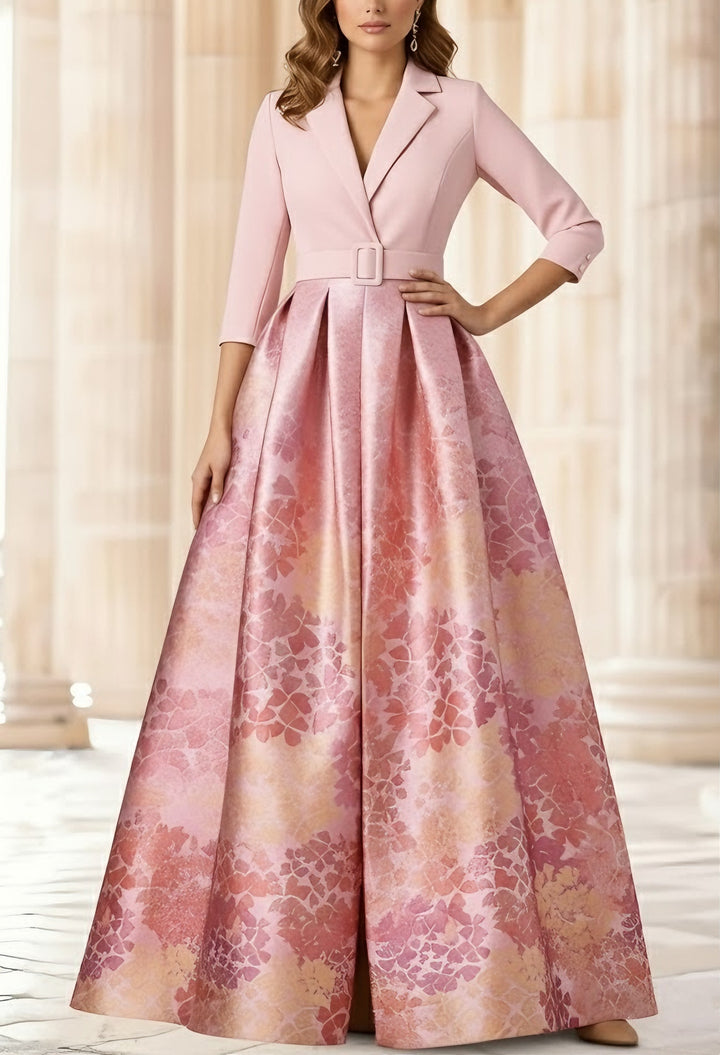 A-Line/Princess Shirt Collar Stretch Satin Mother of the Bride Dresses 3/4 Sleeves Printed Satin Floral Floor-Length