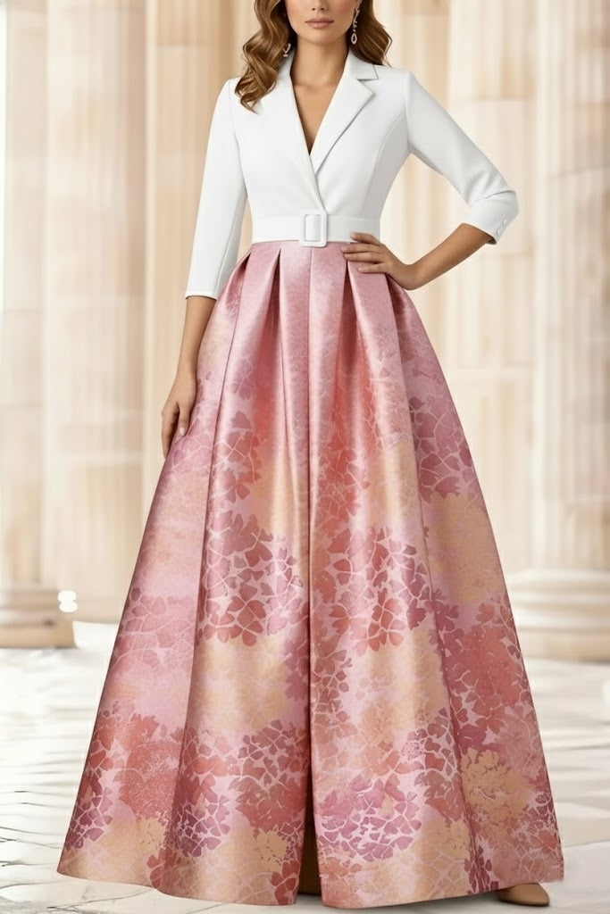 A-Line/Princess Shirt Collar Stretch Satin Mother of the Bride Dresses 3/4 Sleeves Printed Satin Floral Floor-Length
