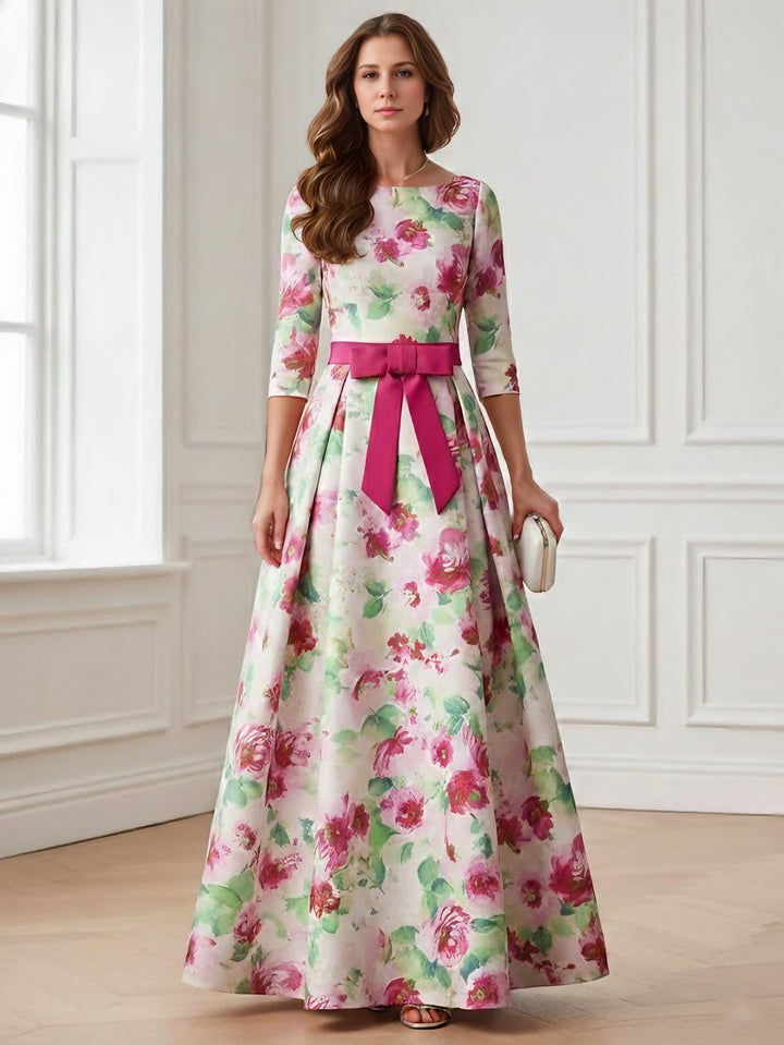 A-Line/Princess Scoop Printed Satin Mother of the Bride Dresses 3/4 Sleeves Floral Bowknot Floor-Length