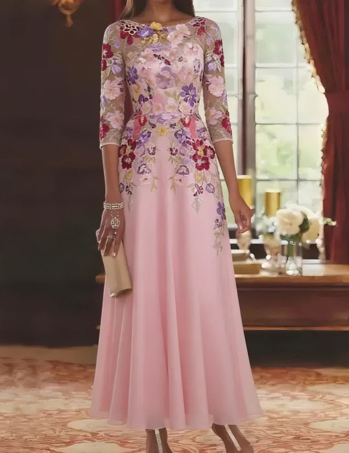 A-Line/Princess Scoop Chiffon Mother of the Bride Dresses Lace Floral Half Sleeves Ankle-Length