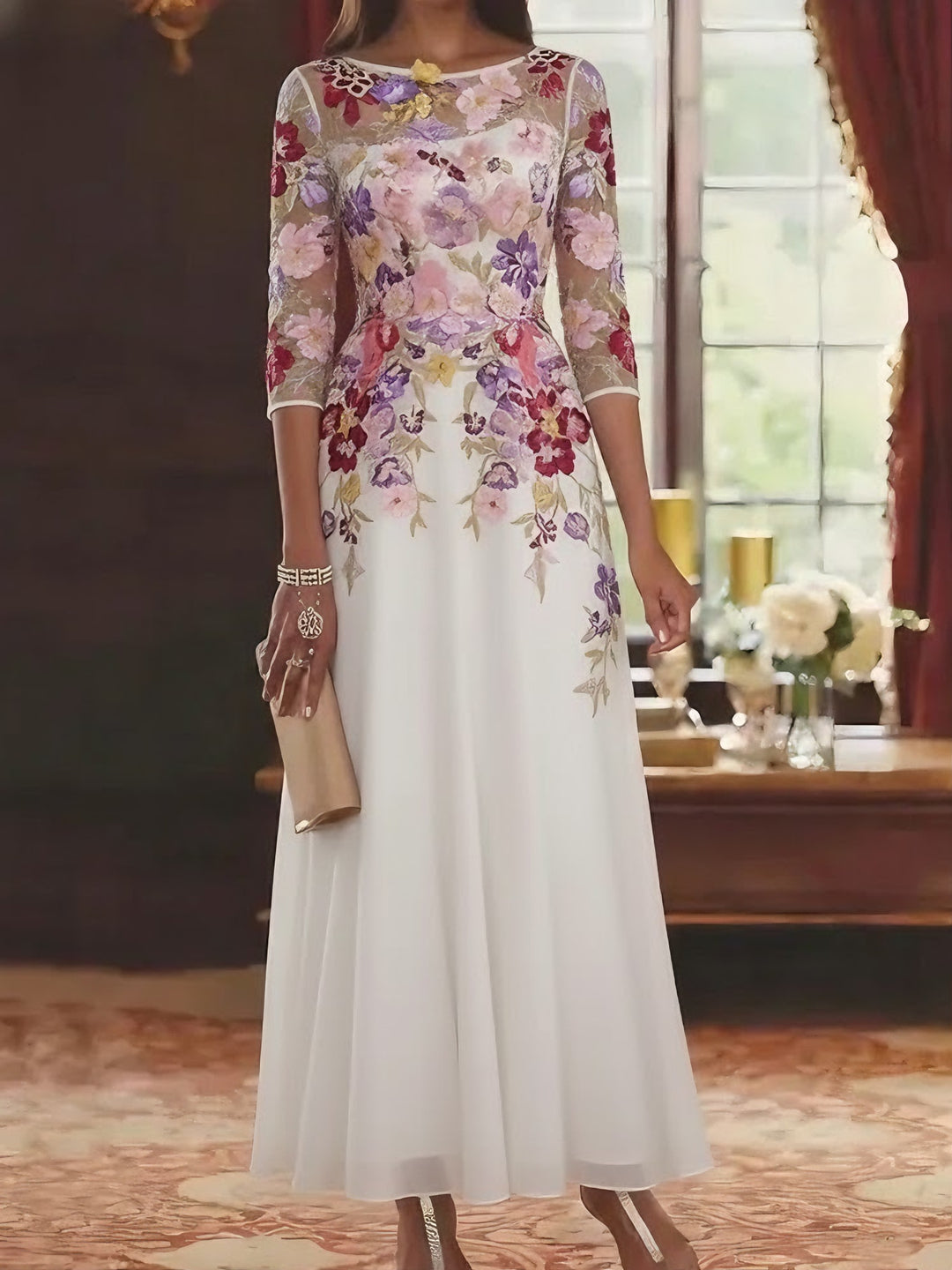 A-Line/Princess Scoop Chiffon Mother of the Bride Dresses Lace Floral Half Sleeves Ankle-Length