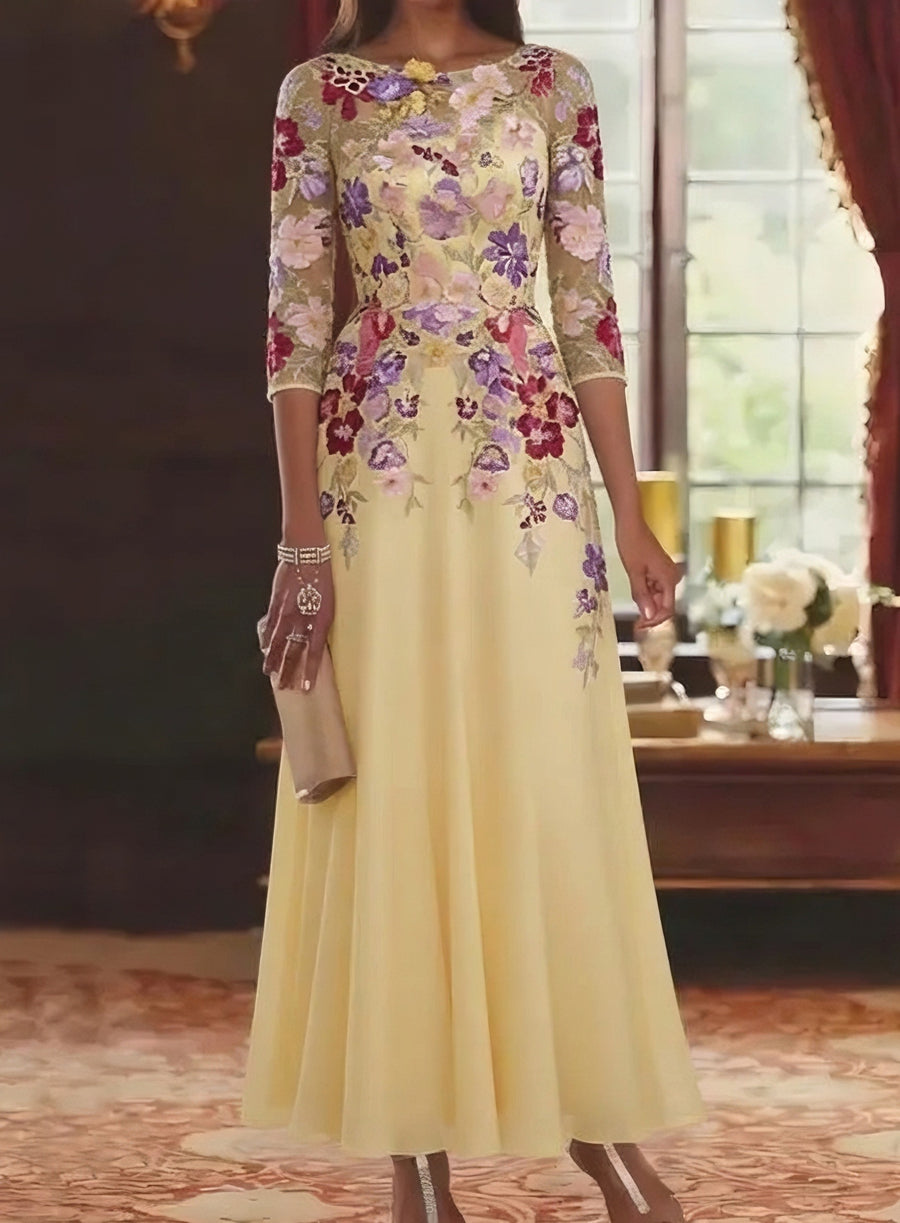 Floral Chiffon Mother of the Bride Dress with Lace and Half Sleeves