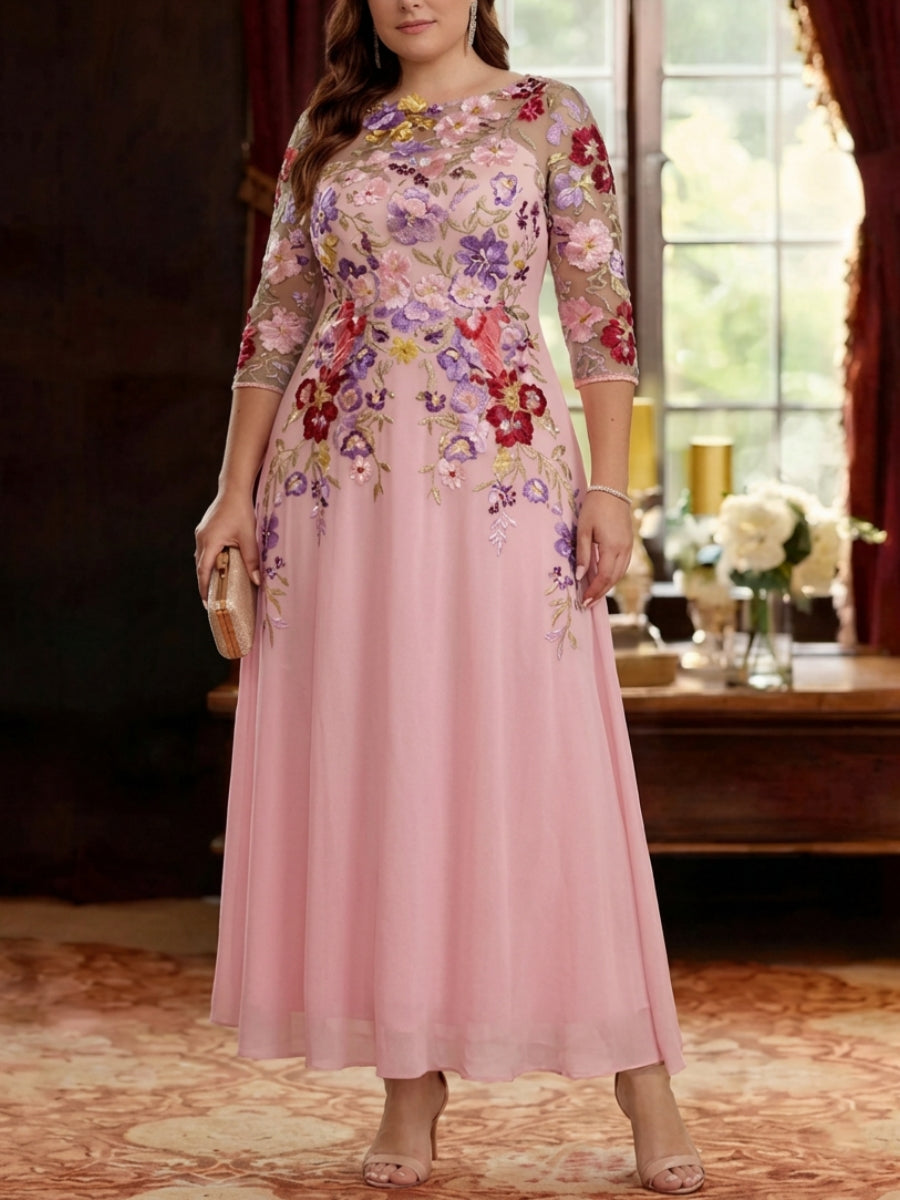 A-Line/Princess Scoop Chiffon Plus Size Mother of the Bride Dresses Lace Floral Half Sleeves Ankle-Length