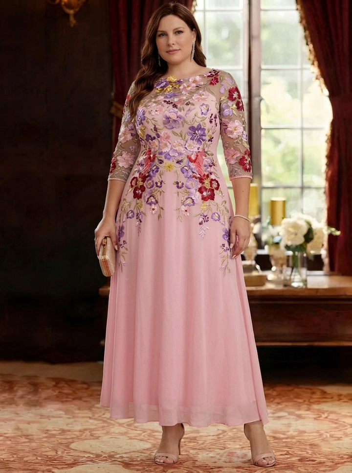 A-Line/Princess Scoop Chiffon Plus Size Mother of the Bride Dresses Lace Floral Half Sleeves Ankle-Length