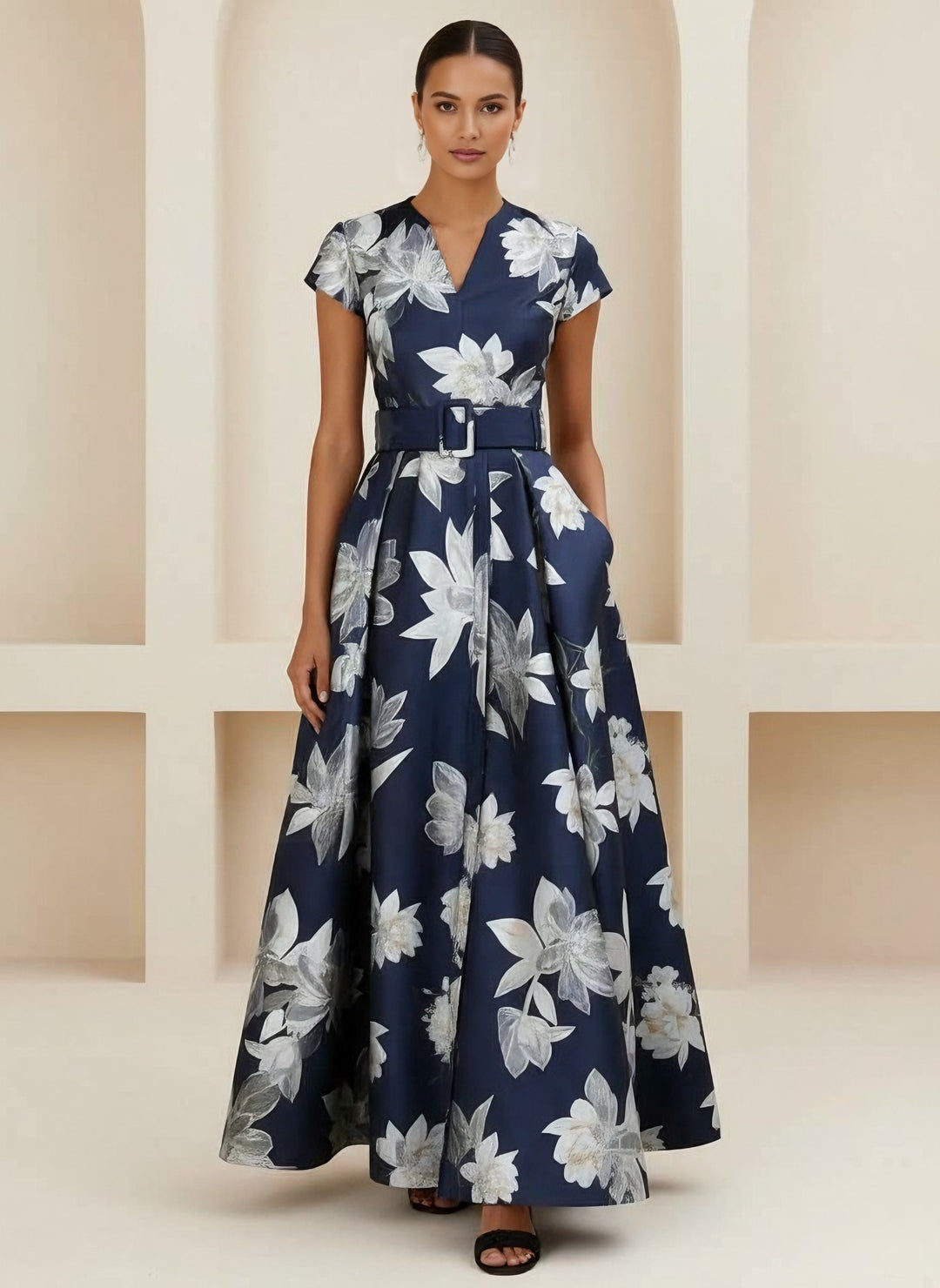 A-Line/Princess V-Neck Printed Satin Mother of the Bride Dresses Short Sleeves Floral Ankle-Length