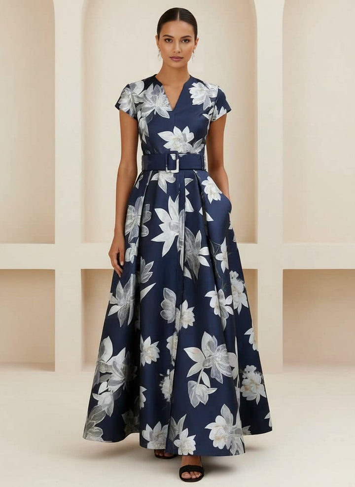 A-Line/Princess V-Neck Printed Satin Mother of the Bride Dresses Short Sleeves Floral Ankle-Length