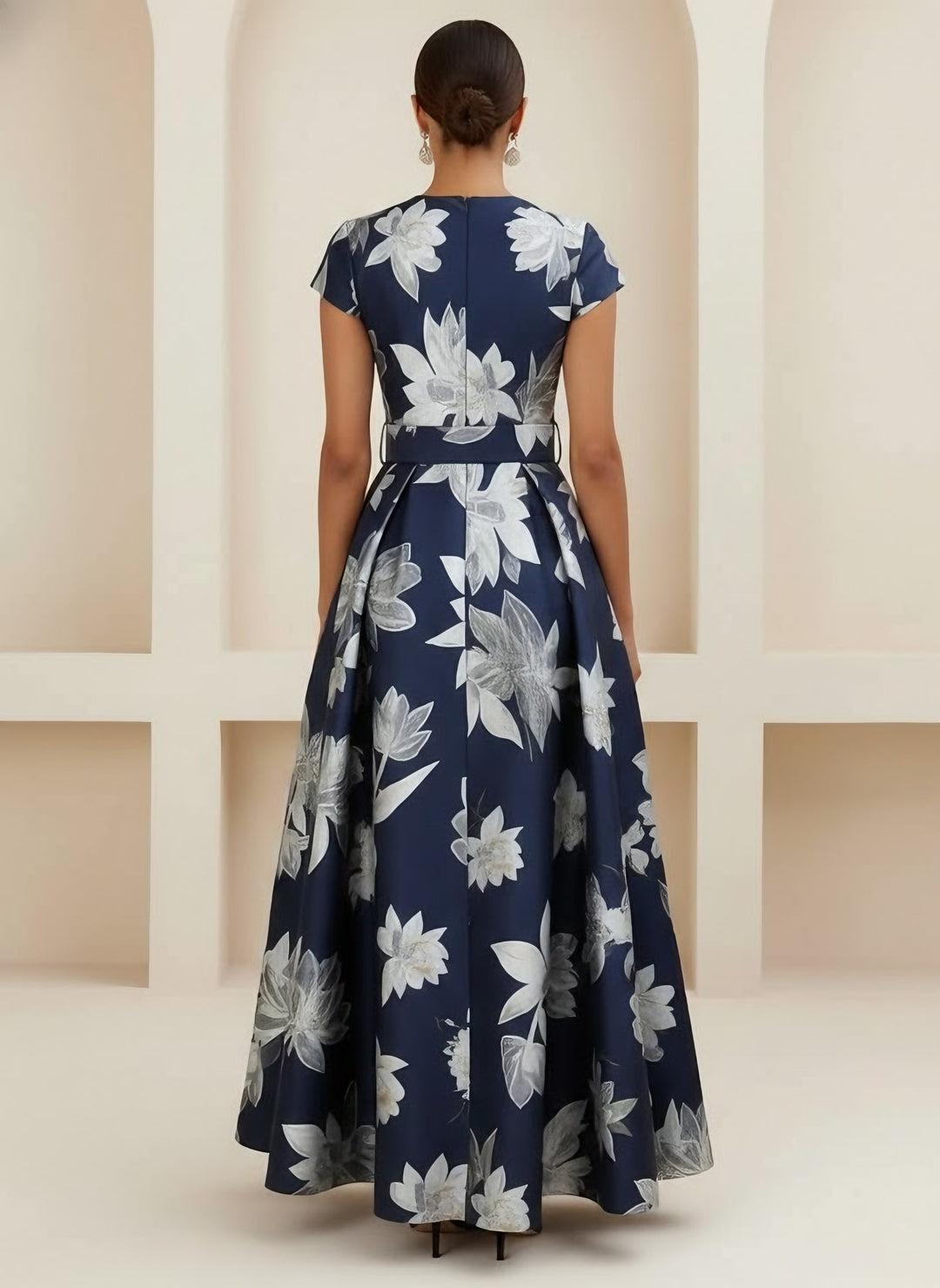 A-Line/Princess V-Neck Printed Satin Mother of the Bride Dresses Short Sleeves Floral Ankle-Length