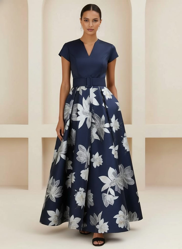 A-Line/Princess V-Neck Printed Satin Mother of the Bride Dresses Short Sleeves Floral Ankle-Length