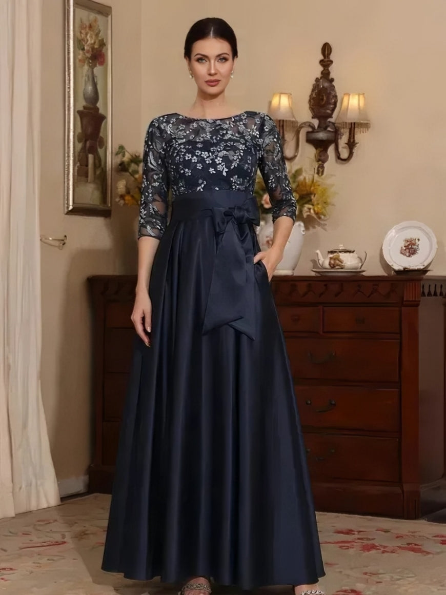 A-Line/Princess Scoop Satin Mother of the Bride Dresses Lace 3/4 Sleeves Ankle-Length Bowknot