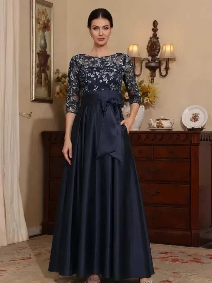 A-Line/Princess Scoop Satin Mother of the Bride Dresses Lace 3/4 Sleeves Ankle-Length Bowknot