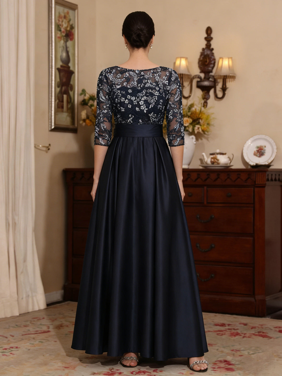 A-Line/Princess Scoop Satin Mother of the Bride Dresses Lace 3/4 Sleeves Ankle-Length Bowknot