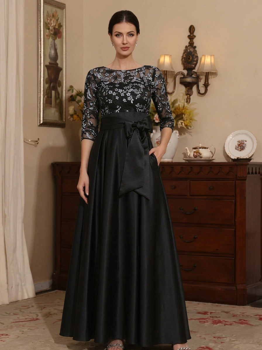 A-Line/Princess Scoop Satin Mother of the Bride Dresses Lace 3/4 Sleeves Ankle-Length Floral Bowknot