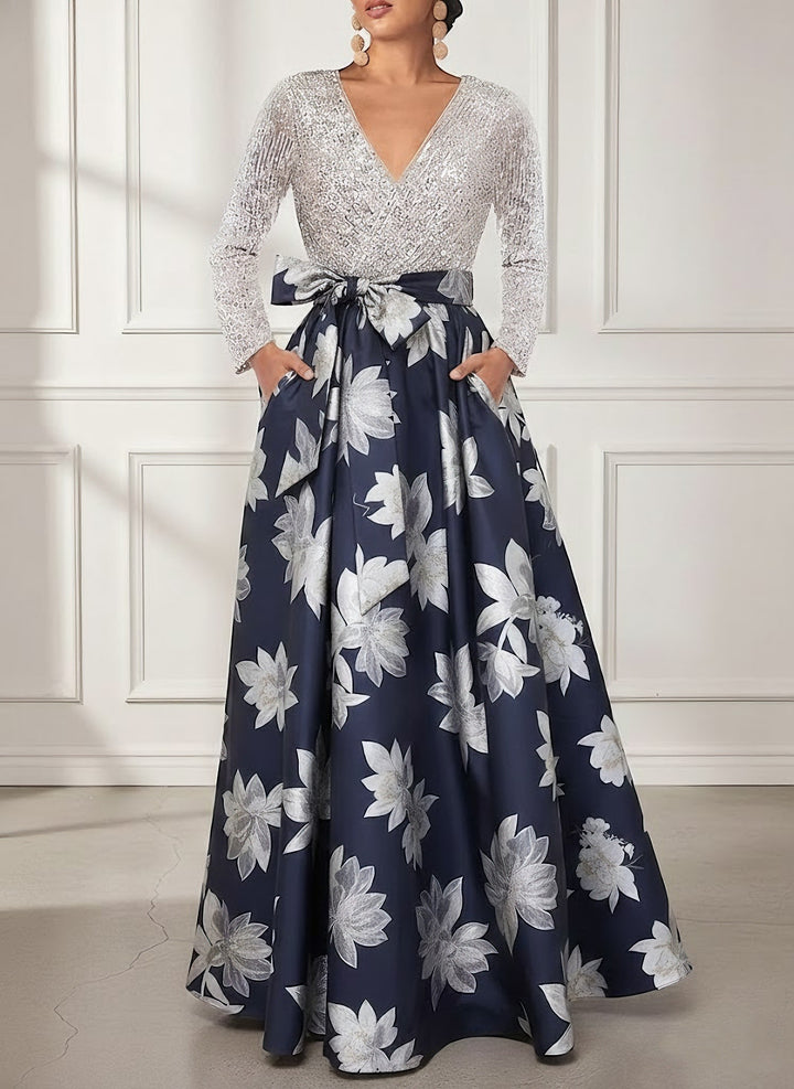 A-Line/Princess V-Neck Printed Satin Mother of the Bride Dresses Sequins Long Sleeves Floral Floor-Length Bowknot