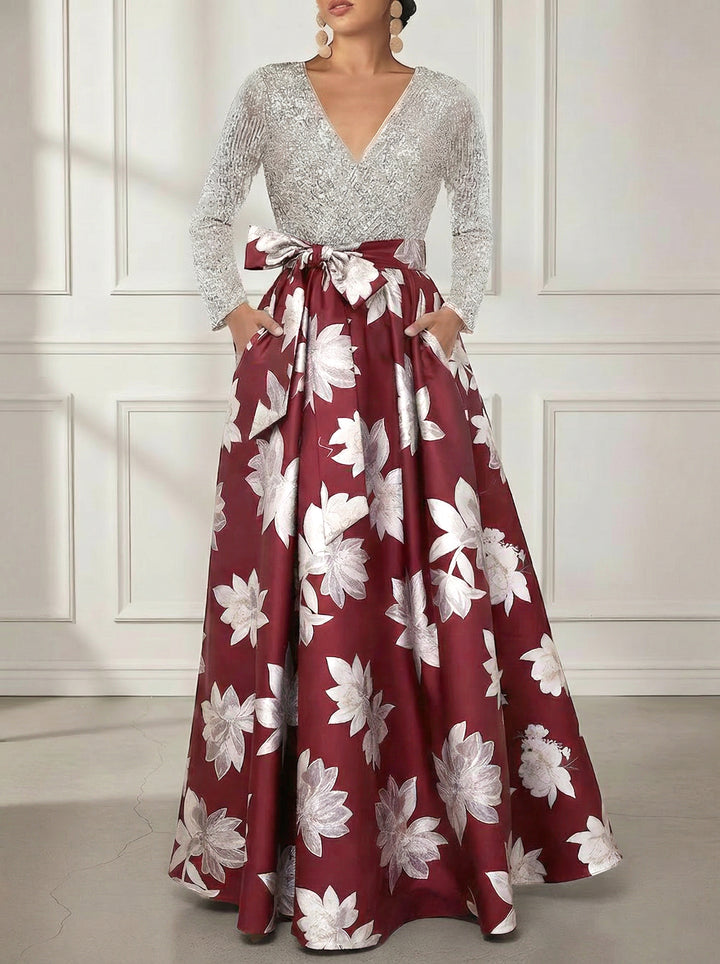 A-Line/Princess V-Neck Printed Satin Mother of the Bride Dresses Sequins Long Sleeves Floral Floor-Length Bowknot