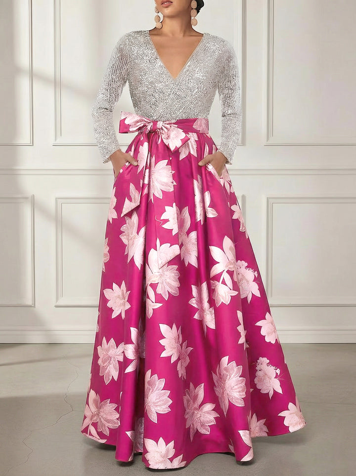 A-Line/Princess V-Neck Printed Satin Mother of the Bride Dresses Sequins Long Sleeves Floral Floor-Length Bowknot