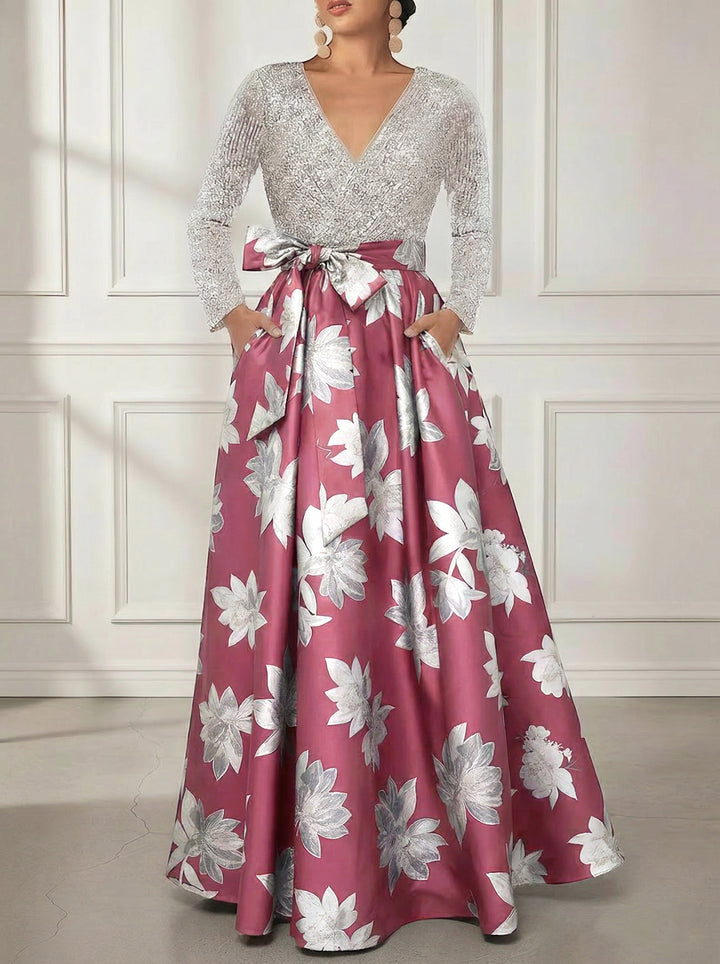 A-Line/Princess V-Neck Printed Satin Mother of the Bride Dresses Sequins Long Sleeves Floral Floor-Length Bowknot