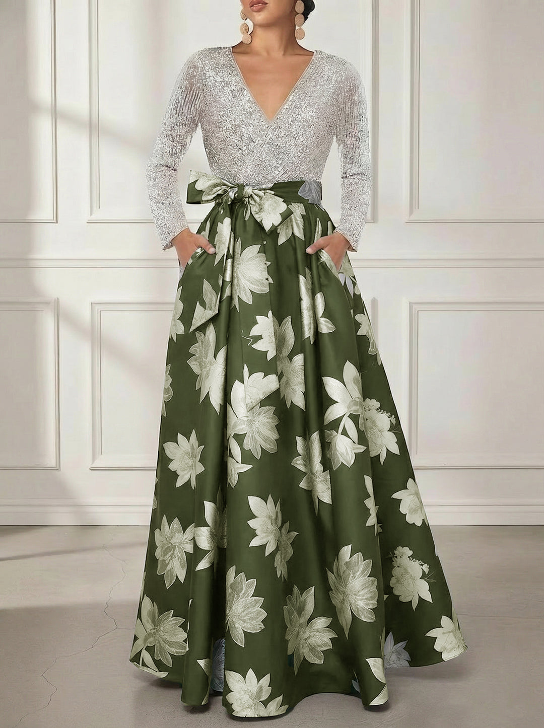 A-Line/Princess V-Neck Printed Satin Mother of the Bride Dresses Sequins Long Sleeves Floral Floor-Length Bowknot
