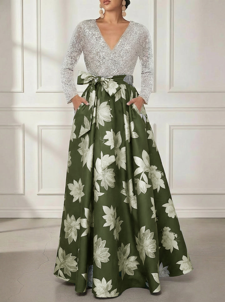 A-Line/Princess V-Neck Printed Satin Mother of the Bride Dresses Sequins Long Sleeves Floral Floor-Length Bowknot