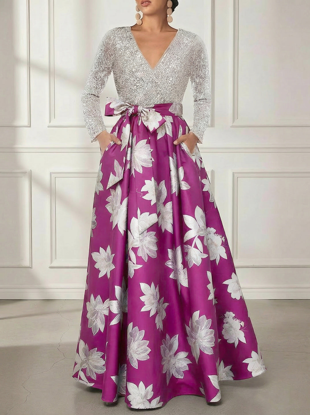 A-Line/Princess V-Neck Printed Satin Mother of the Bride Dresses Sequins Long Sleeves Floral Floor-Length Bowknot