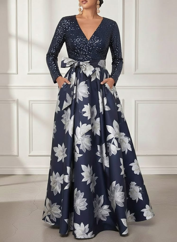 A-Line/Princess V-Neck Printed Satin Mother of the Bride Dresses Sequins Long Sleeves Floral Floor-Length Bowknot