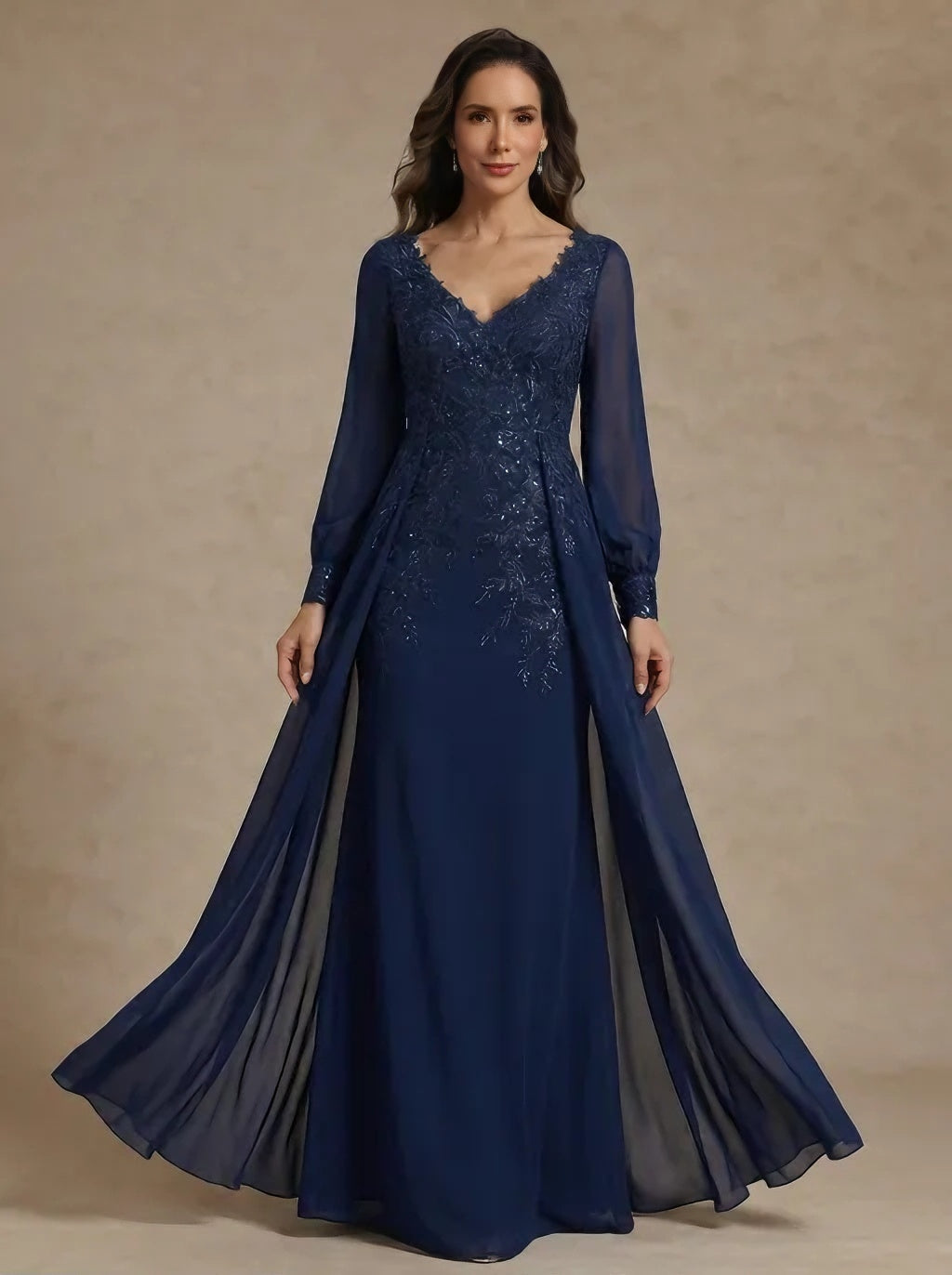 A-Line/Princess V-Neck Chiffon Mother of the Bride Dresses with Overskirt Lace Long Sleeves Floor-Length