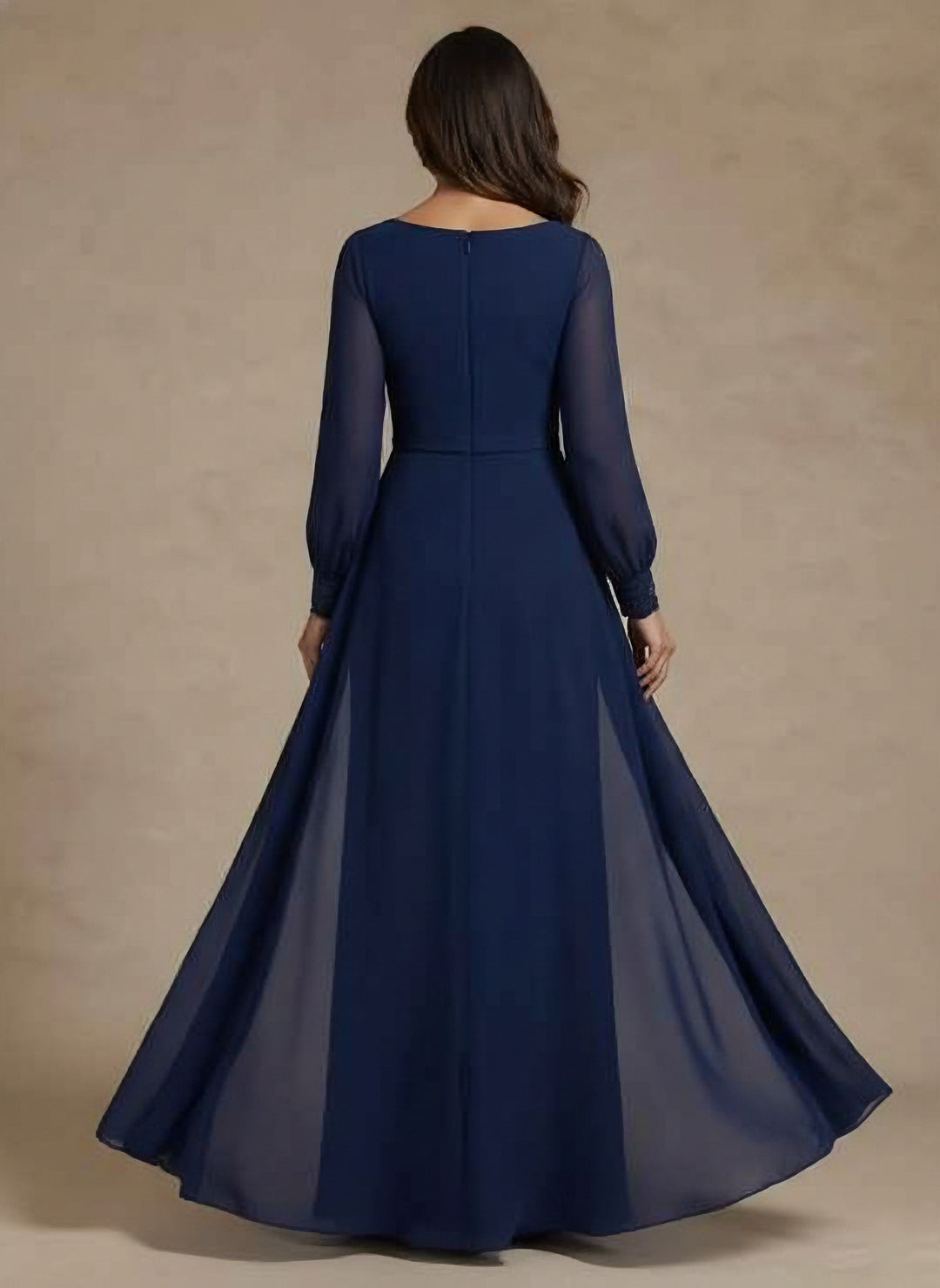 A-Line/Princess V-Neck Chiffon Mother of the Bride Dresses with Overskirt Lace Long Sleeves Floor-Length