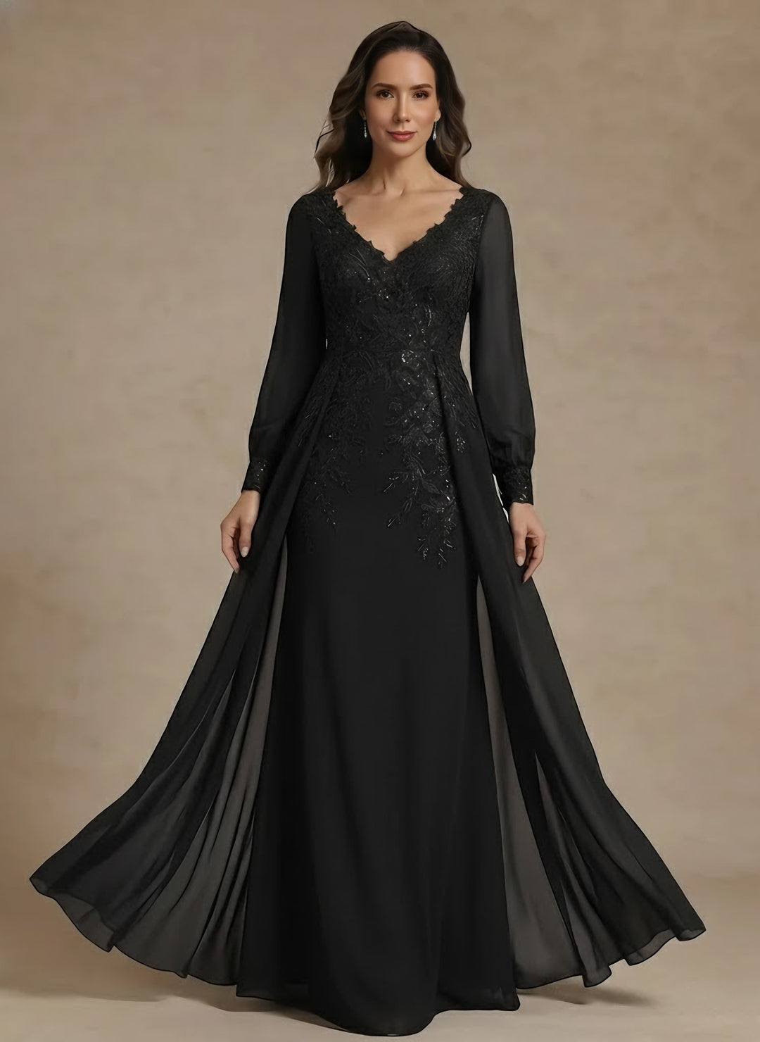 A-Line/Princess V-Neck Chiffon Mother of the Bride Dresses with Overskirt Lace Long Sleeves Floor-Length