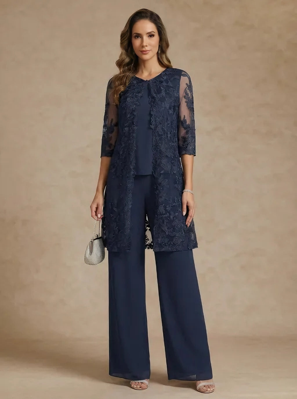 3 Pieces Scoop Chiffon Mother of the Bride Pantsuits with Jacket Lace Ankle-Length 3/4 Sleeves