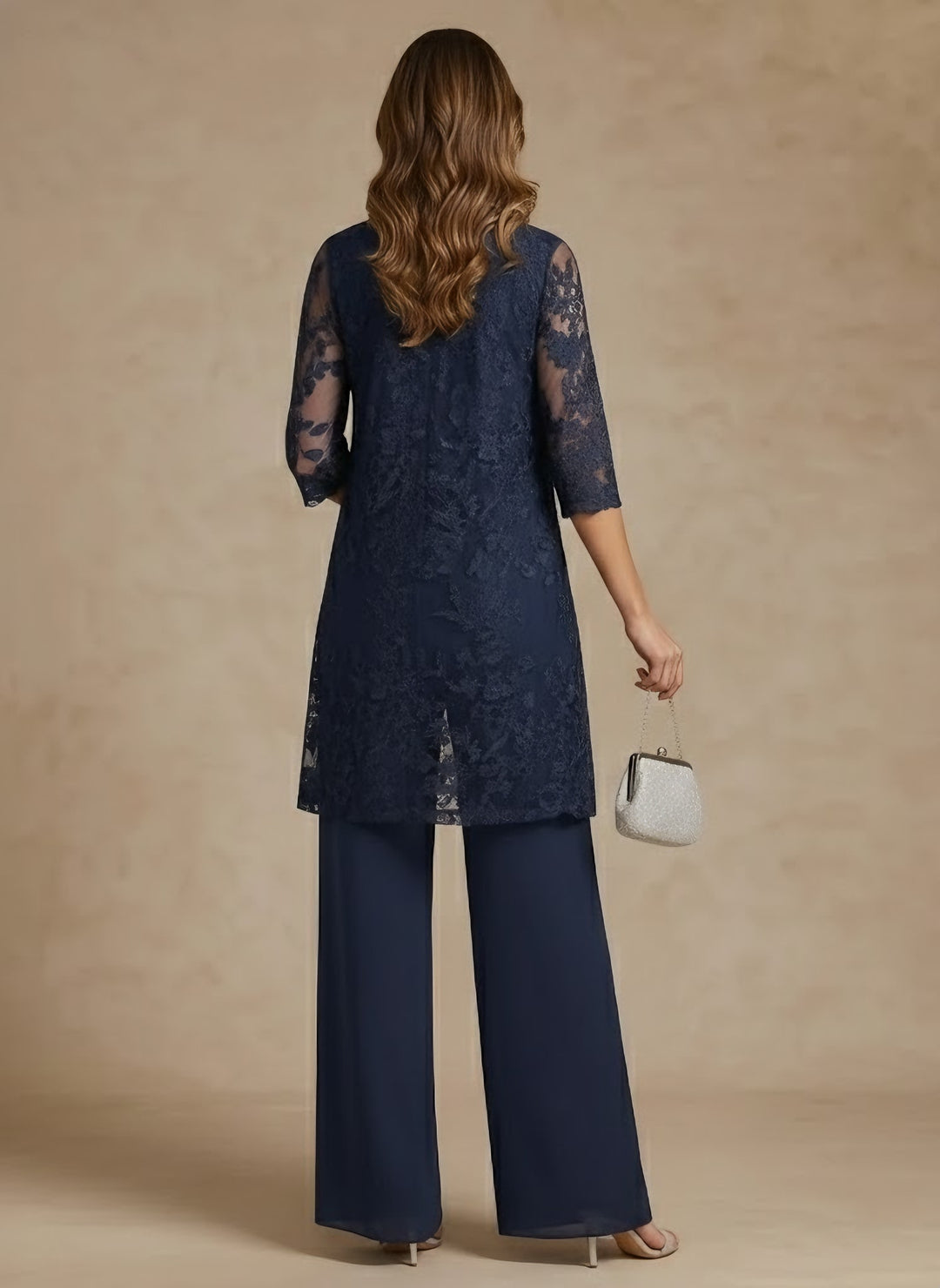 3 Pieces Scoop Chiffon Mother of the Bride Pantsuits with Jacket Lace Ankle-Length 3/4 Sleeves