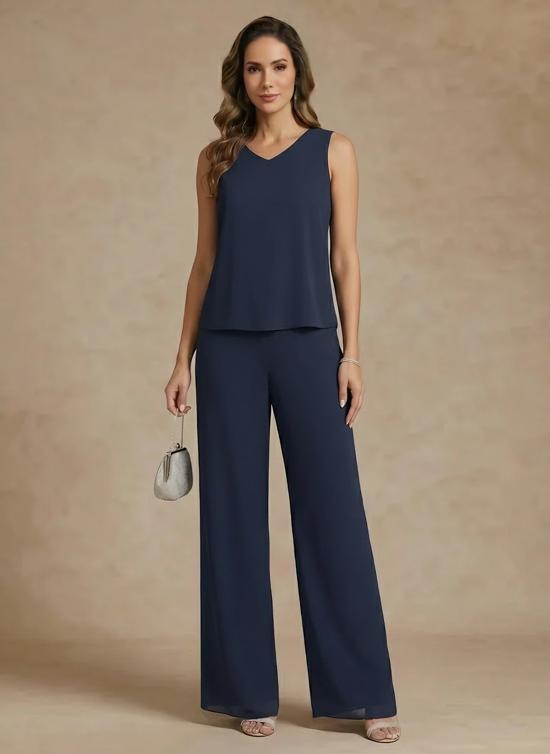 3 Pieces Scoop Chiffon Mother of the Bride Pantsuits with Jacket Lace Ankle-Length 3/4 Sleeves